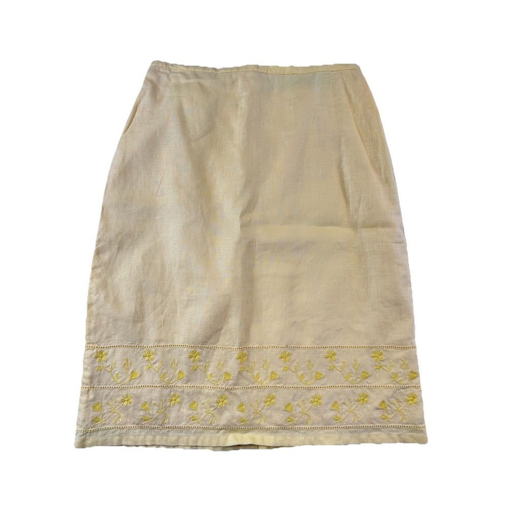 Vtg Old Navy Linen‎ Floral Embroidered Yellow Pencil Skirt Y2K Cottagecore Sz 4